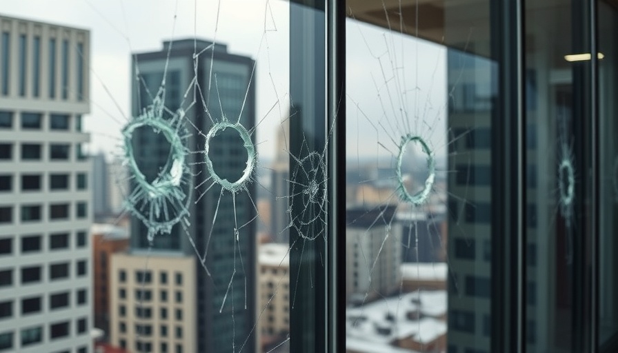 Office building with bullet-damaged windows for gun violence prevention research.