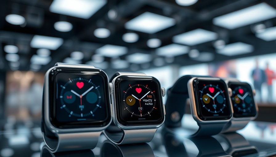 Apple Watches with heart rate and hypertension alerts displayed in a store.