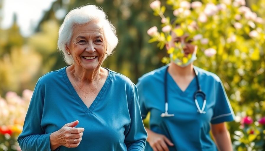 Elderly woman and caregiver walking in a garden, securing senior care.