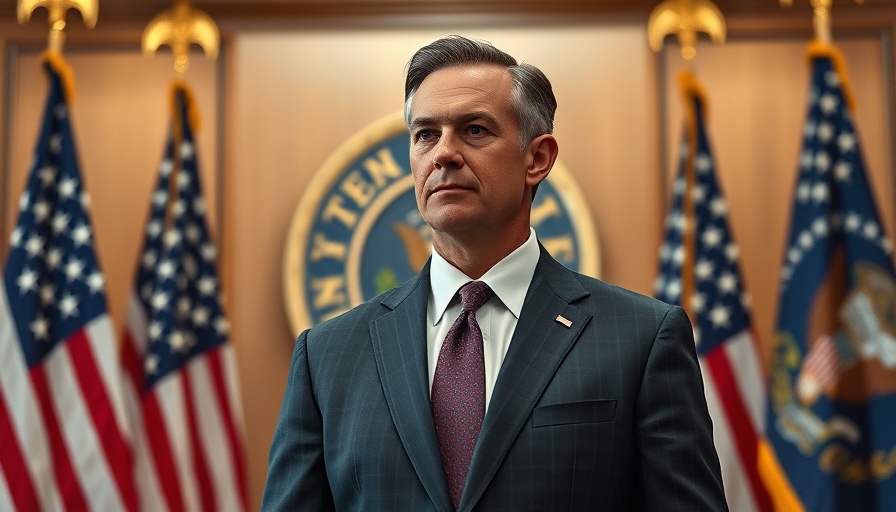 Professional man in a suit with American flags and emblems in official setting.