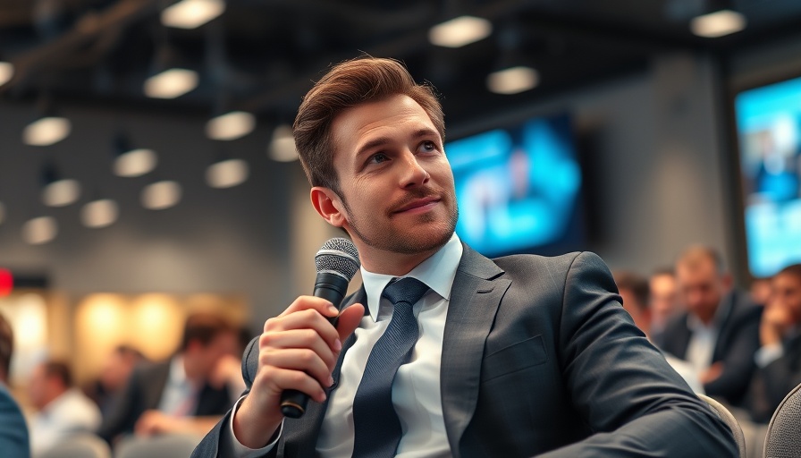 Thoughtful man in suit at tech conference.