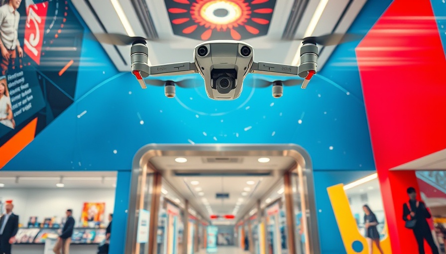 Modern retail store with security drone hovering above