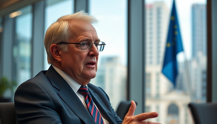 Elderly man in a suit discussing in office setting with flag