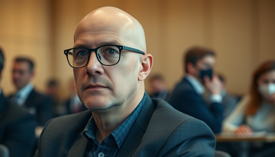 Bald man in a meeting with serious expression, soft lighting.