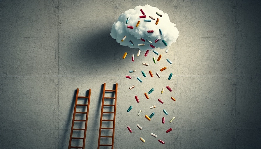 Illustration of ladders and cloud raining capsules symbolizing pharmaceutical leadership changes.