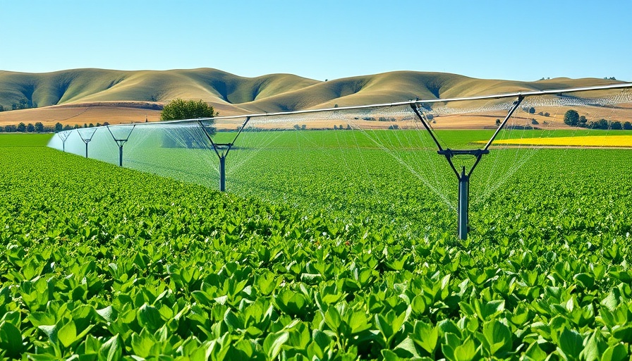 AI in agriculture water conservation: Sprinklers watering fields.