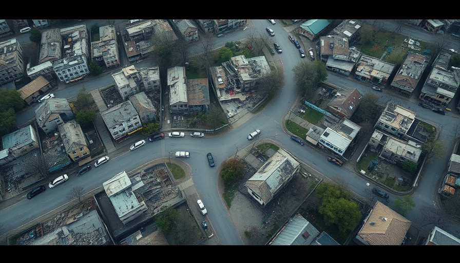 Aerial view of devastated neighborhood showing disaster impact.