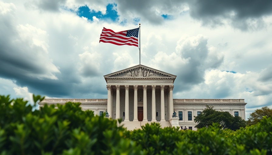 Neoclassical courthouse with stormy sky, climate change lawsuits visual.