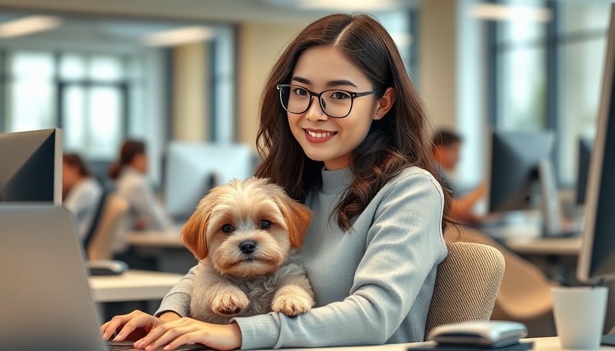 Office worker with pet dog on lap in modern workspace