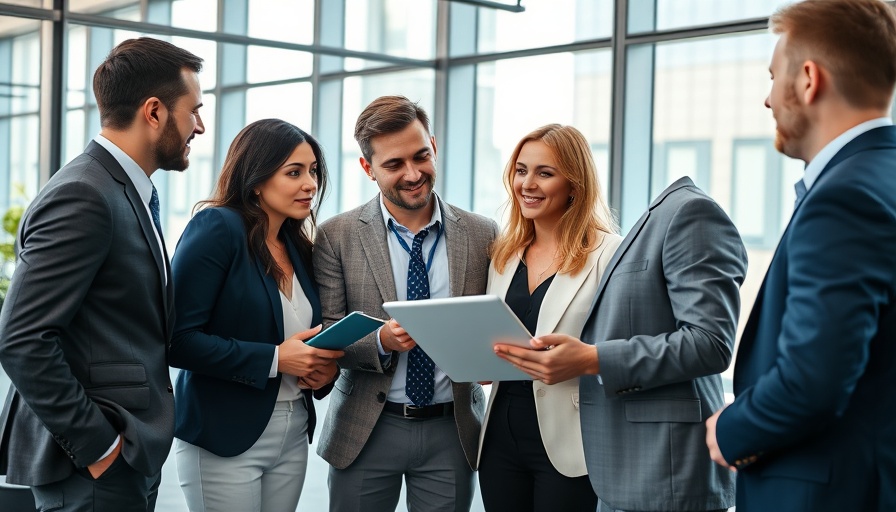 Business team discussing strategies using a tablet in modern office.