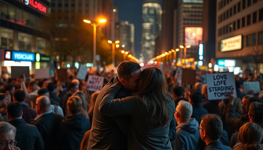 Crowd embraces at Gaza ceasefire protest in urban night scene.