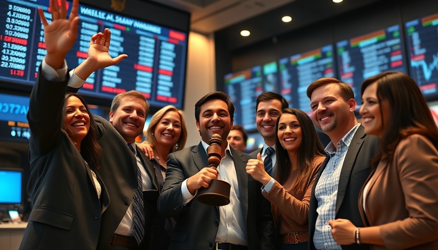 Business professionals celebrate in stock exchange, LNG and nuclear power context.