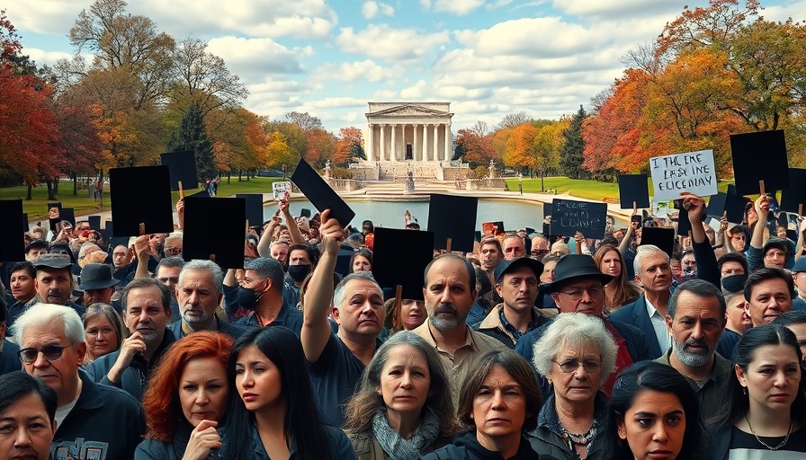 People's March protest against serene park and reflecting pond.