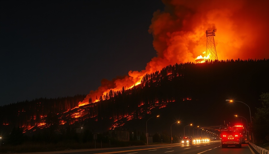 Wildfire spreading at night near urban road with lights, emphasizing business preparedness.