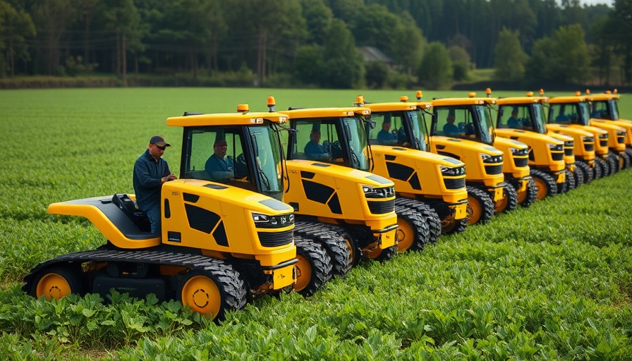 Yellow robotic tractors in a field, sustainable farming technology.