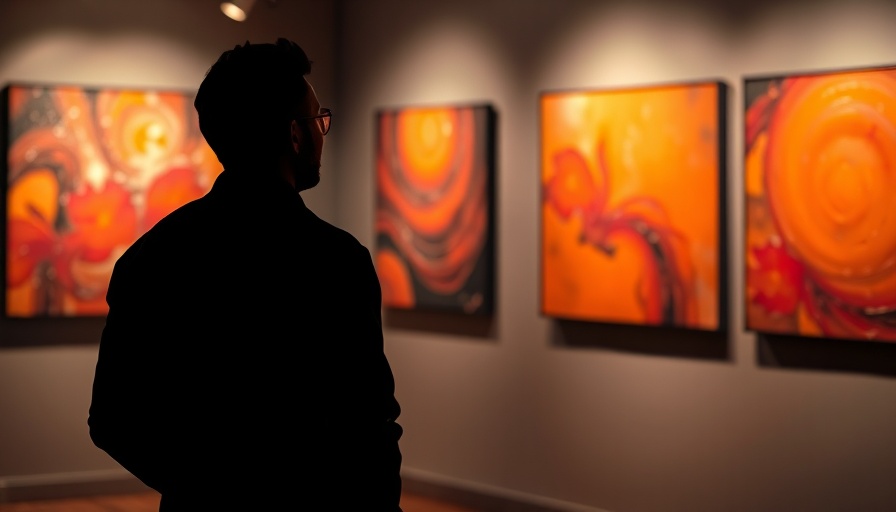 Art and Advocacy: Silhouetted figure in art gallery, vibrant paintings.