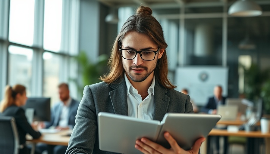 Business professional analyzing tablet in modern office setup.