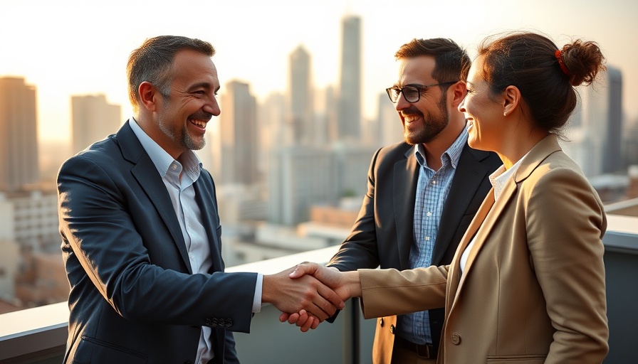 Qualities of successful founders: two smiling professionals shaking hands on rooftop.