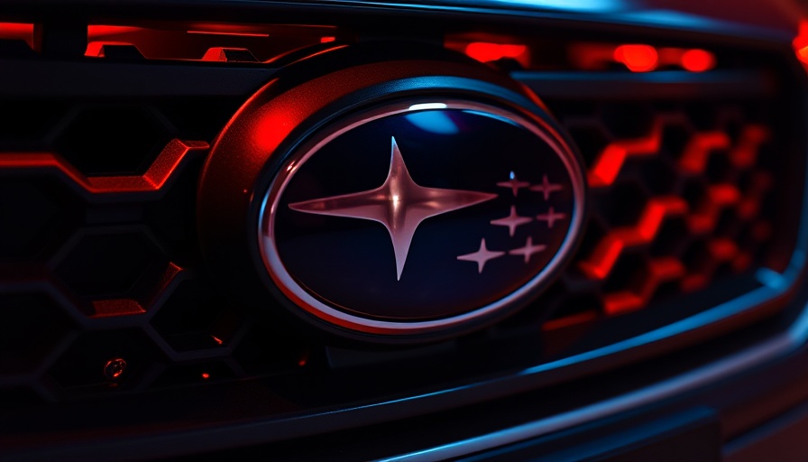 Subaru car grille with dramatic red lighting highlighting the logo, indicating potential security vulnerability.