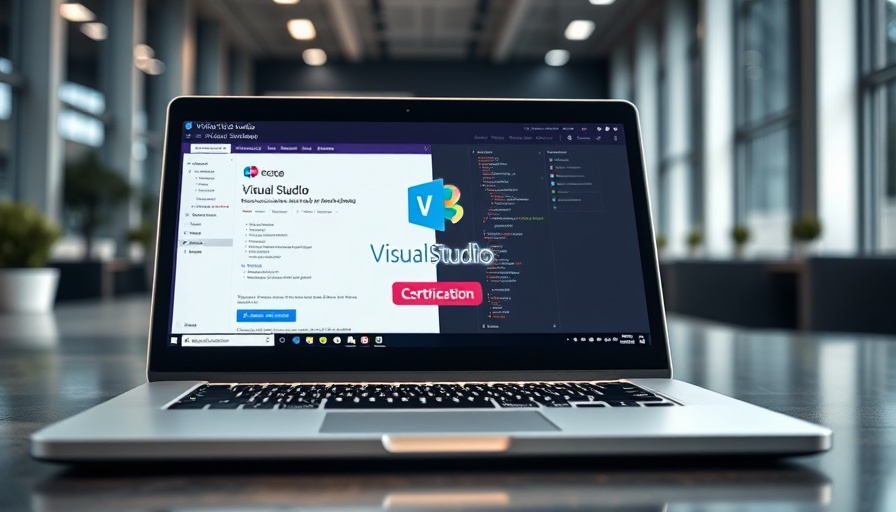 Microsoft Visual Studio on laptop with coding certification banners.