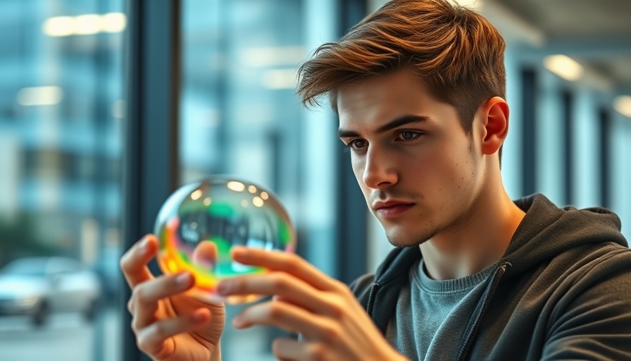 Focused young man explores patent strategies with colorful object.