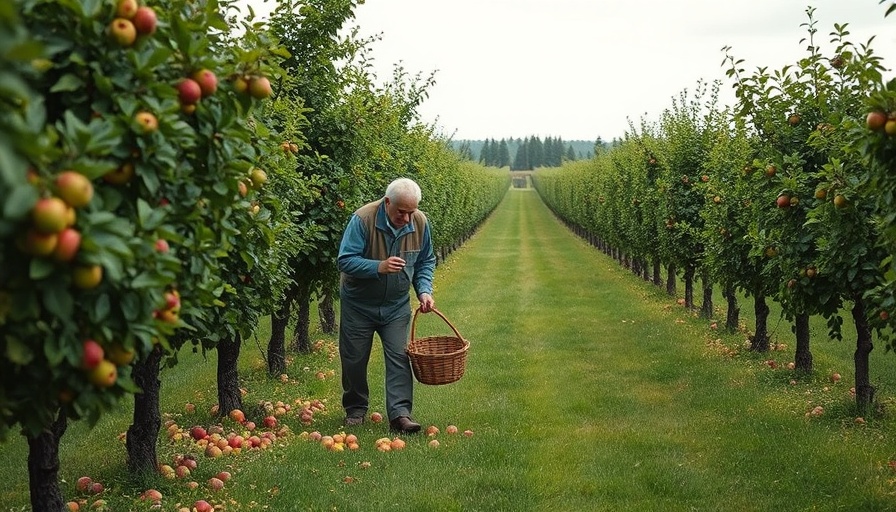 Gleaning apples in a lush orchard under a soft overcast sky.