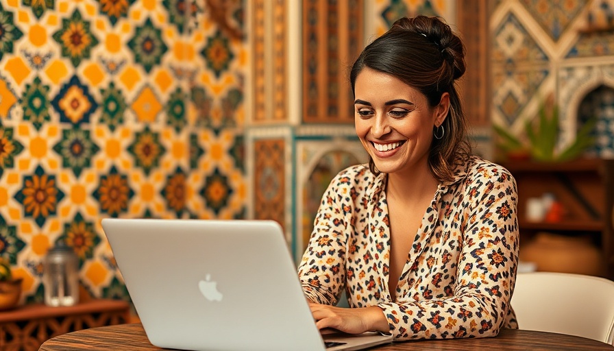 Woman in Moroccan setting working on laptop for travel franchise.