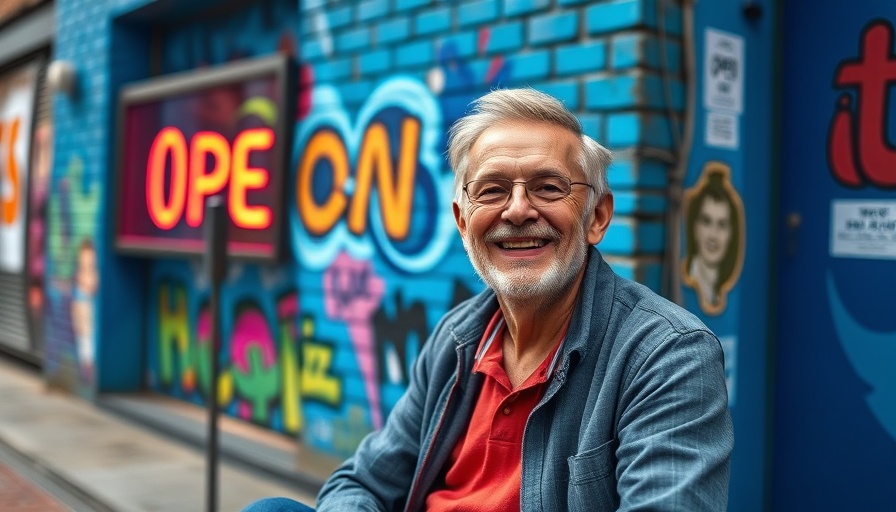 Cheerful man on colorful urban street, neon signs, daylight.