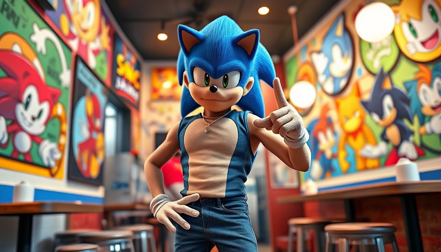 Sonic the Hedgehog cafe interior with colorful art and vibrant design.