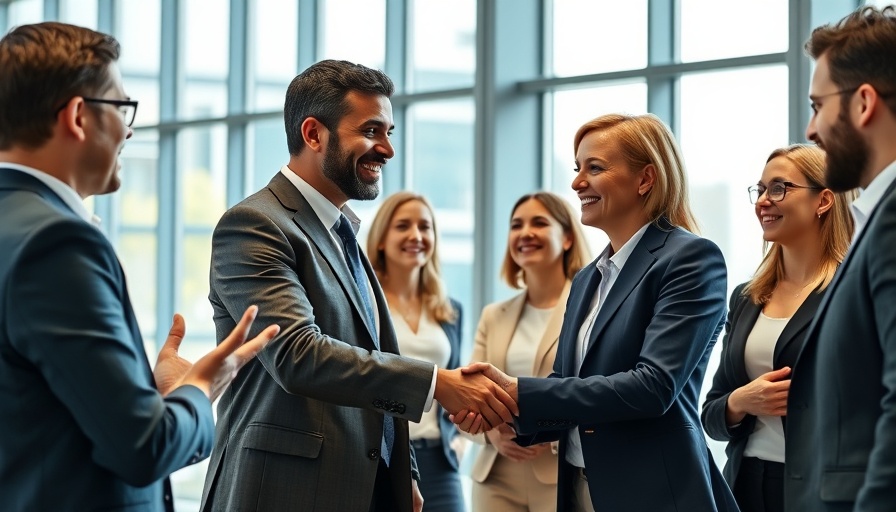 Business professionals in partner network meeting, shaking hands.