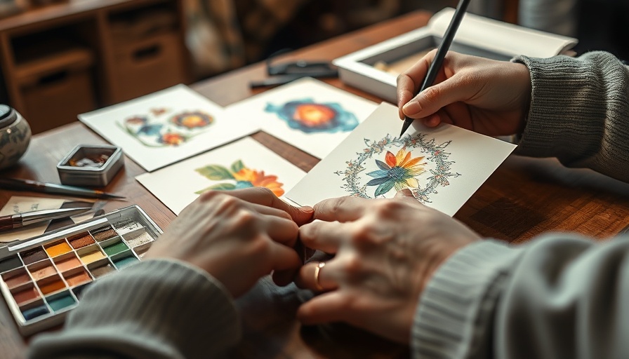 Creative handmade punch cards with watercolor paints on a table.