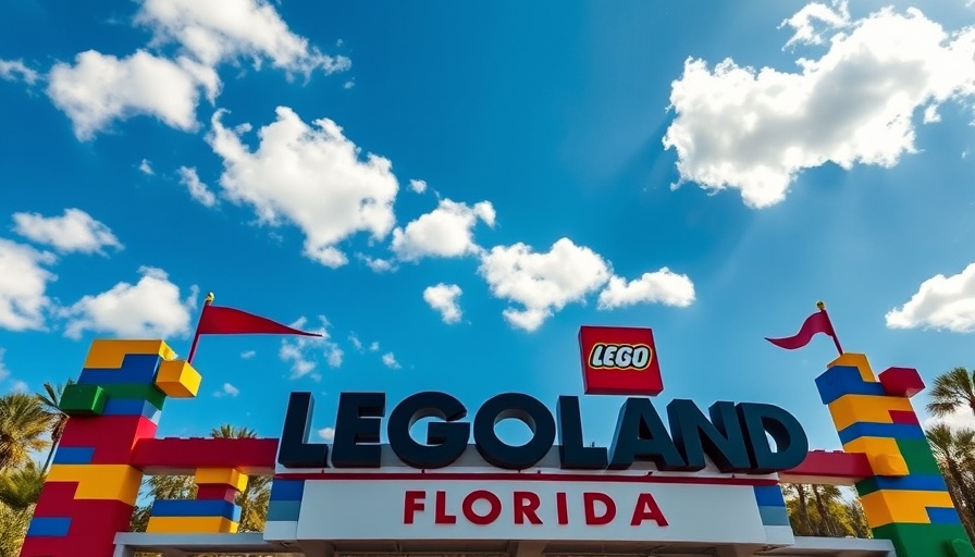 Colorful Legoland Florida entrance sign under a clear blue sky.