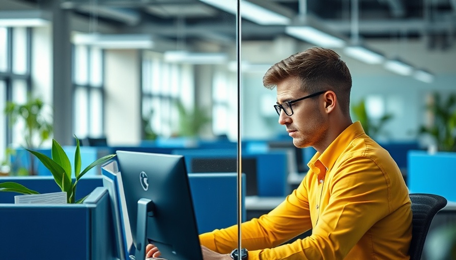 Return to office: worker in cubicles with logo on glass wall.