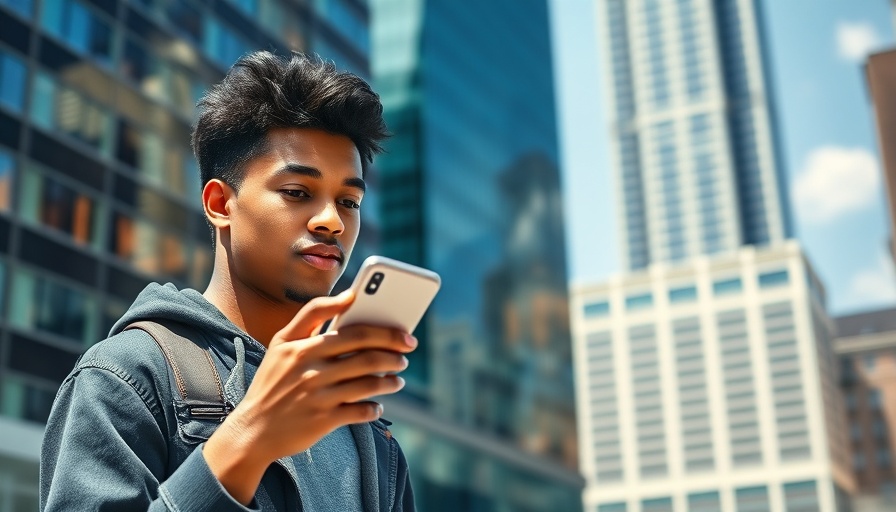 Generation Z individual focused on phone near skyscraper, capturing urban safety awareness.