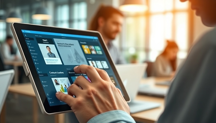 Tablet showing AI content creation software in a collaborative office.