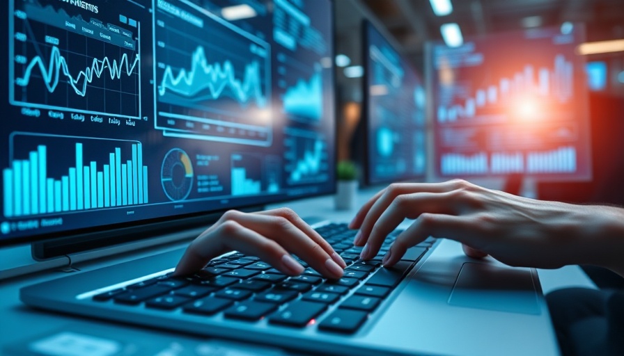 Futuristic digital desk with typing hands, AI investment concept.