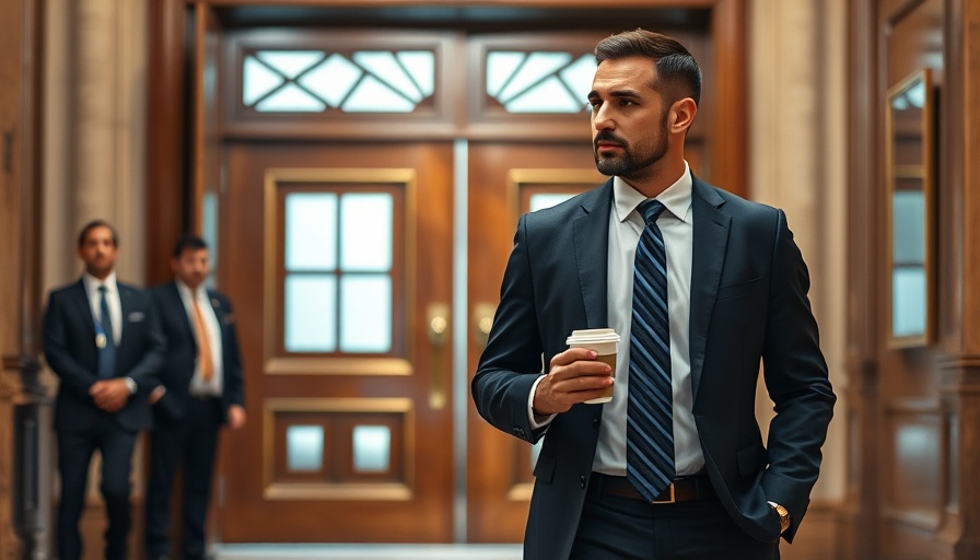 Businessman in government role setting with coffee cup.