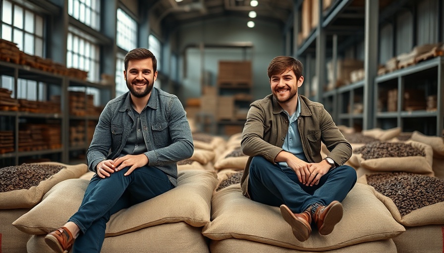 Two men smiling while seated on burlap coffee sacks in a warehouse.