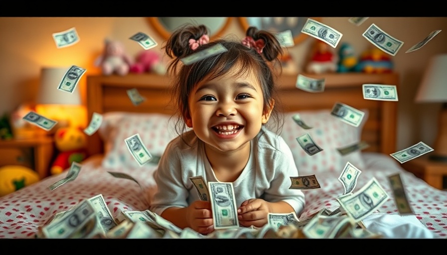 Generation Alpha child joyfully playing with money in bedroom.