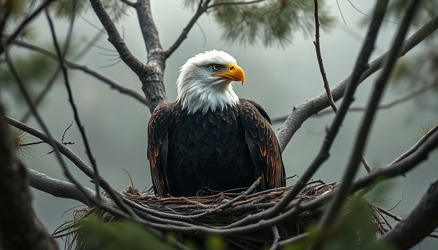 Bald eagle nest cam capturing eagle safeguarding its nest.