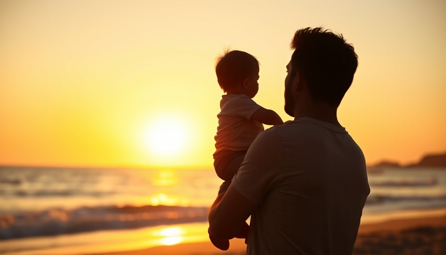 Working dads silhouette at beach with child at sunset.