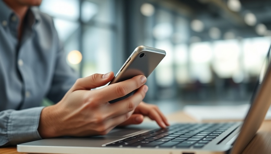 Hands using smartphone in office for social media stories.