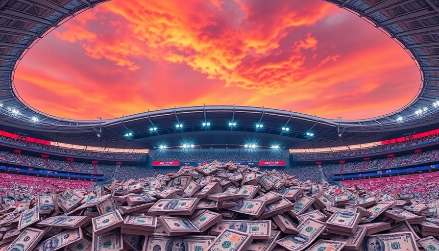 Stadium surrounded by cash symbolizing Super Bowl advertising costs