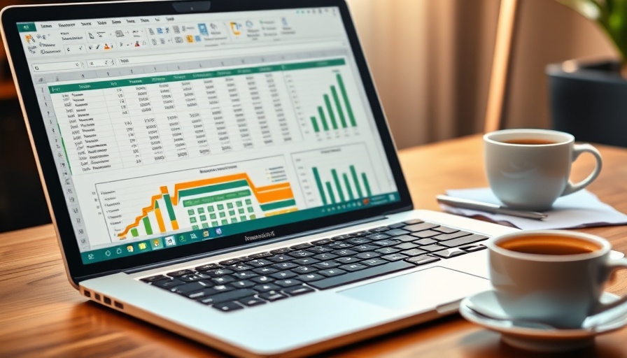 Microsoft Excel spreadsheet on a laptop with coffee on wooden desk.