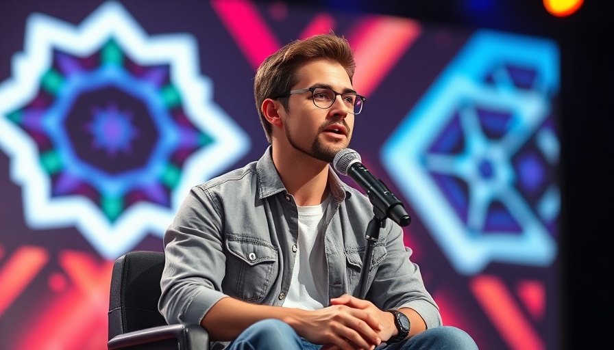 Man discussing hybrid work model on stage with vibrant backdrop.