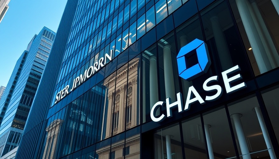 JPMorgan Chase building with logos under clear blue sky.