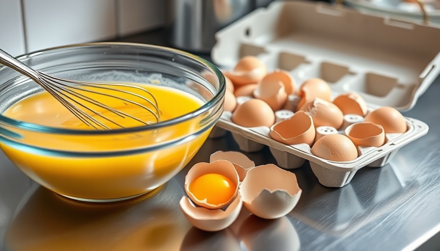 Eggs and whisked mixture on kitchen counter highlighting high egg prices in restaurants.