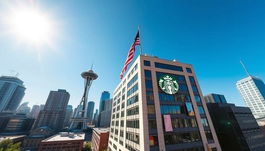 Starbucks headquarters with Seattle skyline backdrop.