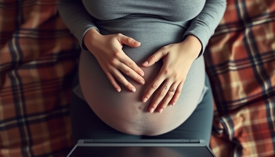 Pregnant woman using laptop, artistic color overlay, fertility benefits.