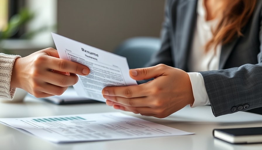 Two people exchanging a resume in a professional office setting.